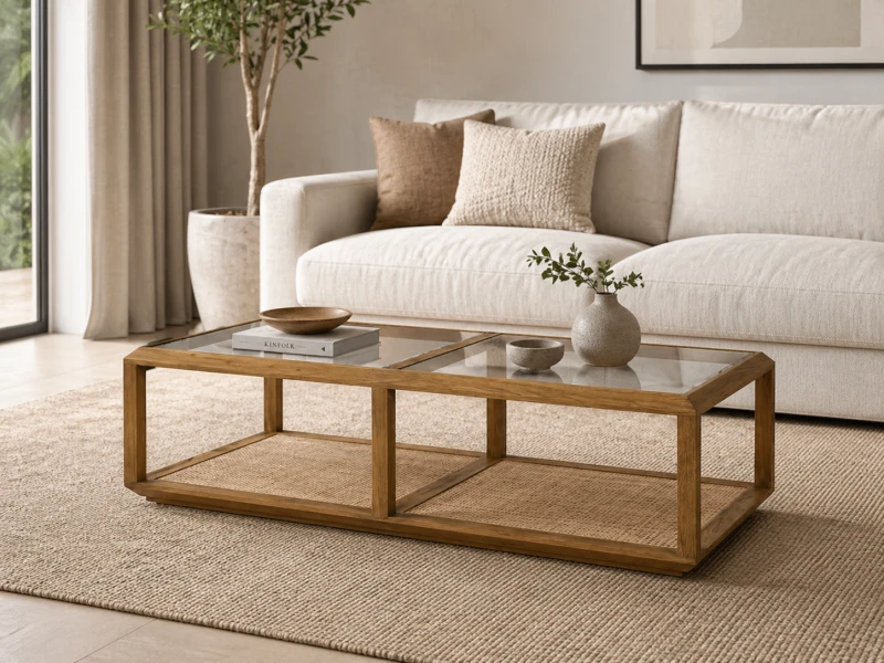 Drewniany stolik kawowy Oak Squares 150 cm szklany blat półka rattan