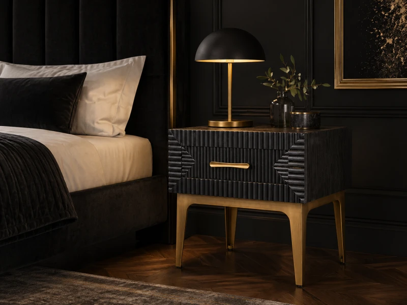 Dębowa szafka nocna Shoreditch 56 cm z jedną szufladą dąb żelazna złota podstawa