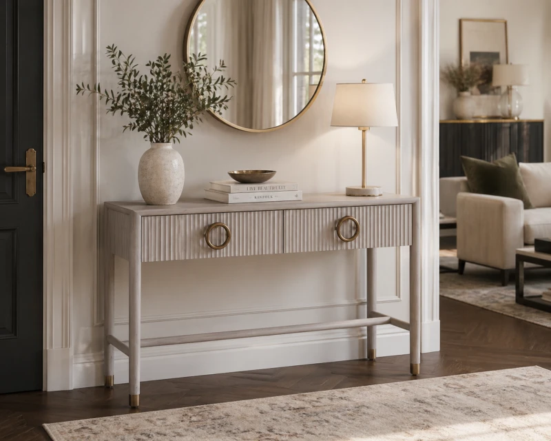 Konsola drewniana White Belgravia 150 cm jasny dąb elegancka konsola do salonu