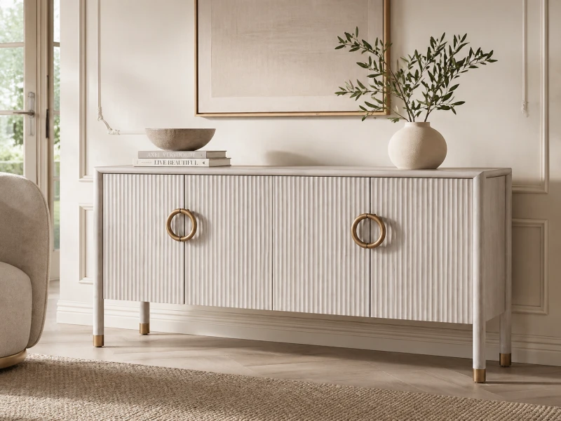 Komoda kredens White Belgravia 180 cm jasny dąb elegancka komoda ze złotymi detalami