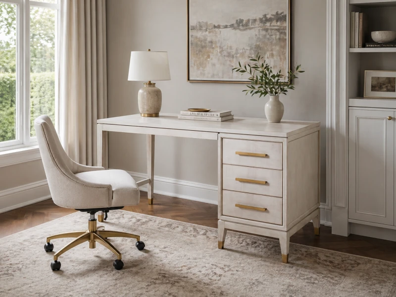 Biurko Primrose 140 cm jasny dąb elegancki mebel do gabinetu miedziane detale trzy szuflady