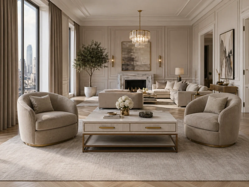 Stolik kawowy Primrose 130 cm jasny dąb elegancki mebel do salonu miedziane detale