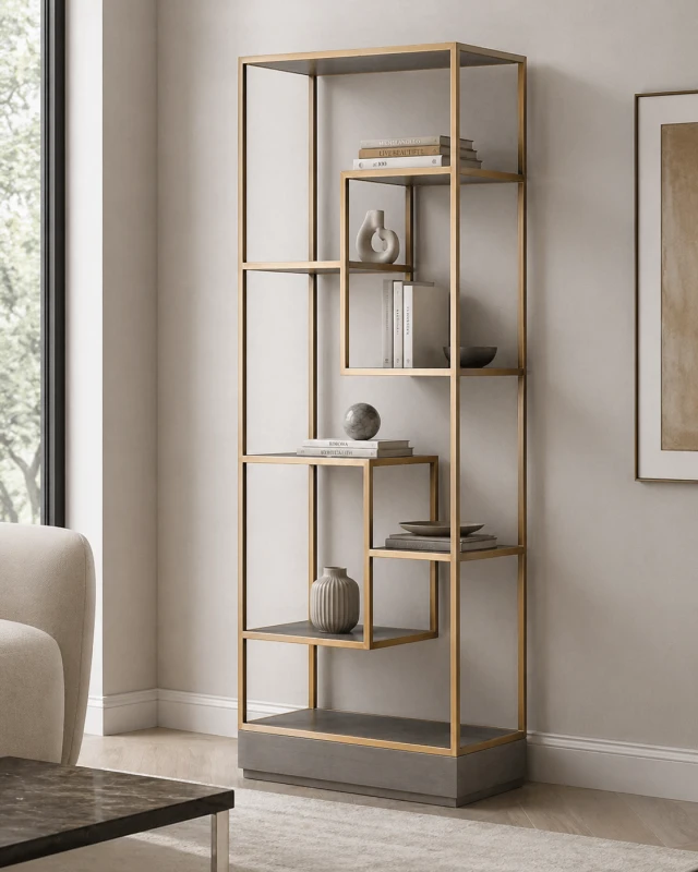 Złoty regał Camile Oak 211x80 cm szary dąb żelazna rama w kolorze mosiądzu liczne wewnętrzne półki