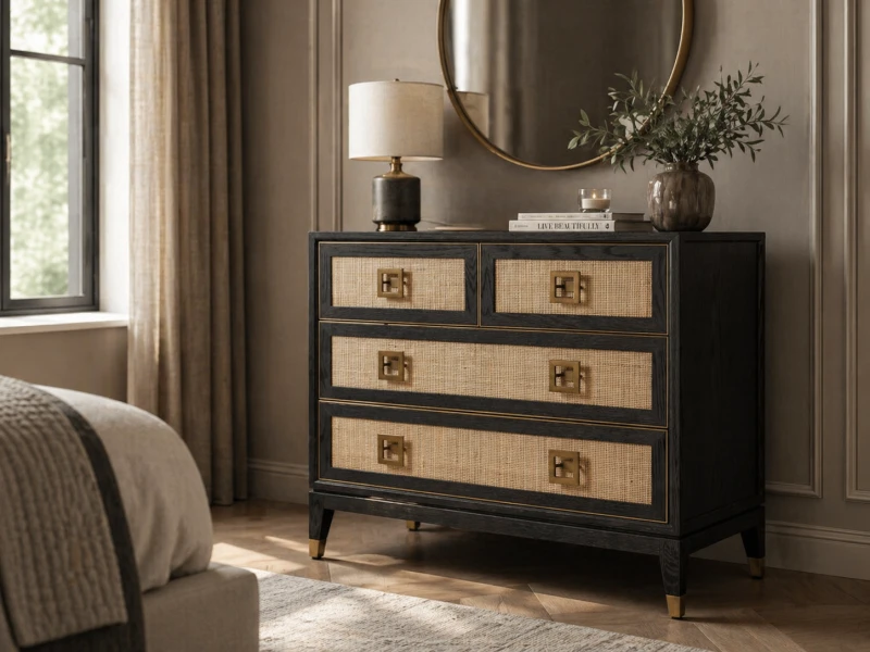 Komoda Zelten Black 88x100 cm cztery szuflady dąb rattan czarna. Duża czarna komoda z szufladami ozdobiona została na froncie plecionką wiedeńską