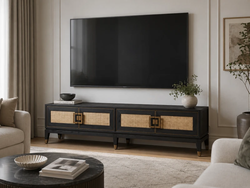 Komoda TV Zelten Black 193x50,5 cm czterodrzwiowa dąb rattan czarna