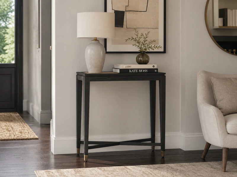 Konsola Zelten Black S 76x79,5 cm dąb rattan za szkłem czarny stolik konsolowy