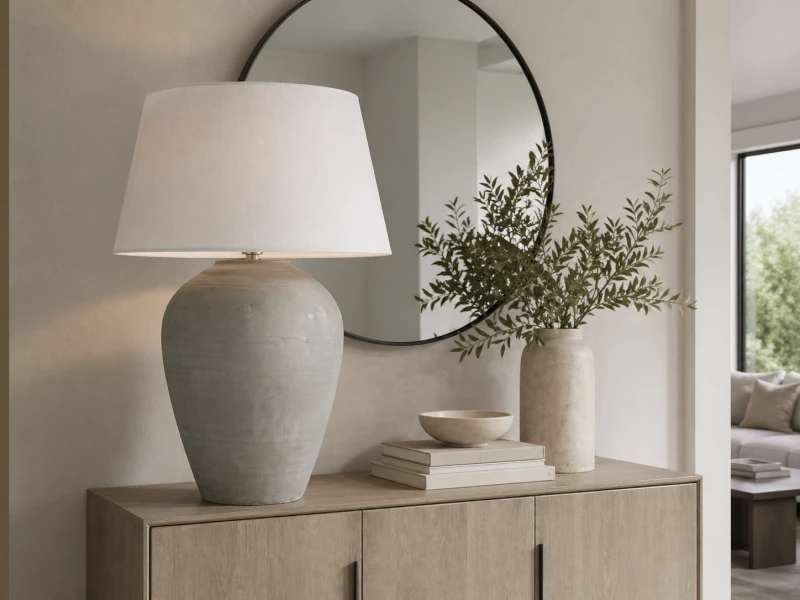 Bardzo duża lampa stołowa Classic Grey 85 cm szara lniany abażur ceramiczna podstawa