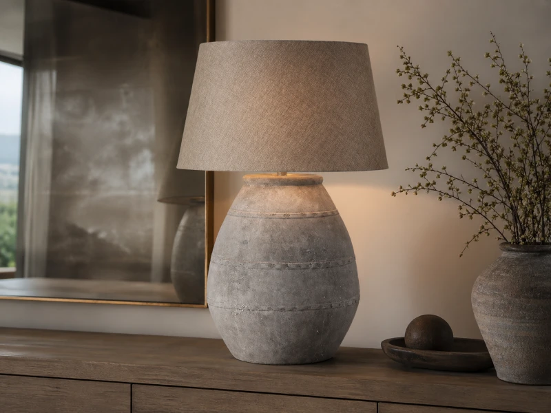 Duża lampa stołowa Grey Distressed 76 cm szara lampa z lnianym abażurem