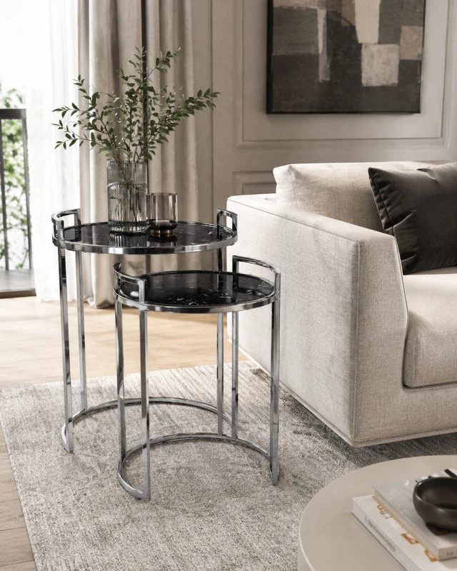 Dwa stoliki Kensington Silver 66 cm kamienny blat efekt marmuru stalowa rama srebrna