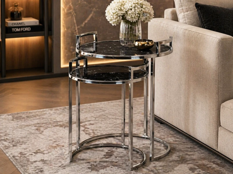 Dwa stoliki Kensington Silver 66 cm kamienny blat efekt marmuru stalowa rama srebrna