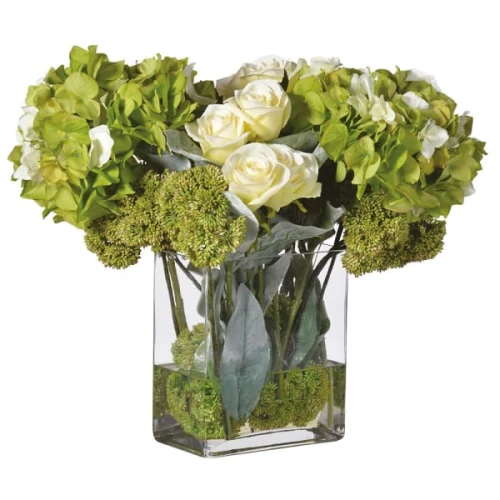 Dekoracja Boscobel Tall sztuczne kwiaty 40 cm w szkle hortensja róża rozchodnik 