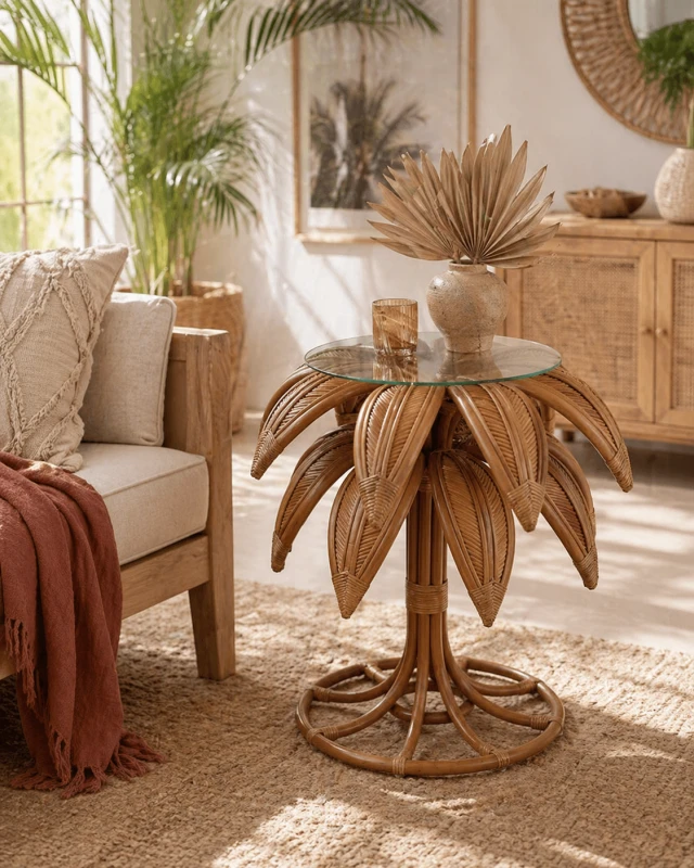 Stolik pomocniczy Palm 77 cm wysokości rattan szklany blat okrągły