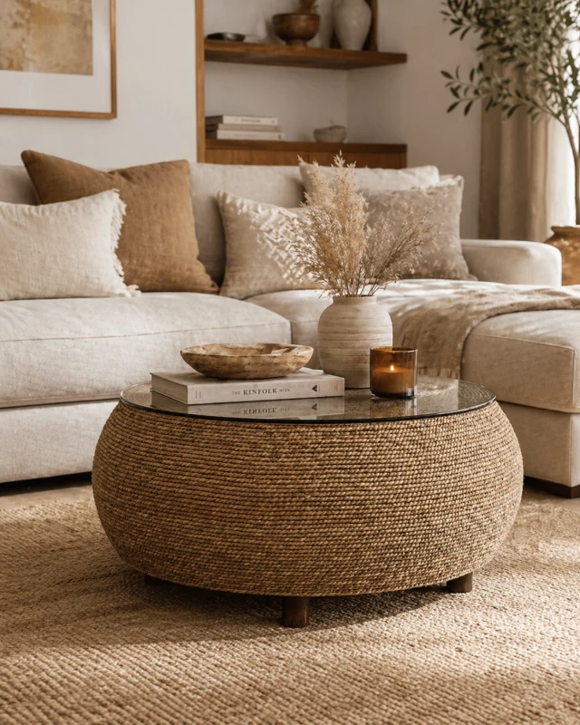 Stolik kawowy boho - stolik Toba Natural 86x43cm pleciona rama trawa morska szklany okrągły blat