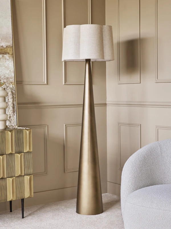 Lampa podłogowa Belgrave Gold 172 cm z lnianym abażurem