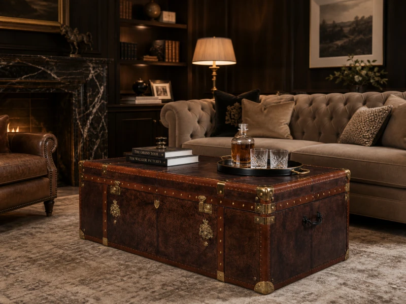 Stolik kawowy Bardem Brown 121x72 cm brąz skóra jaipur naturalna kufer skrzynia - nietypowy stolik kawowy
