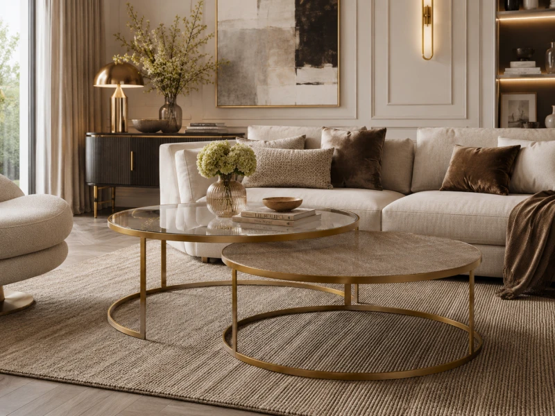Dwa stoliki kawowe Rattan Gold 100 cm szkło i rattan złoty metal