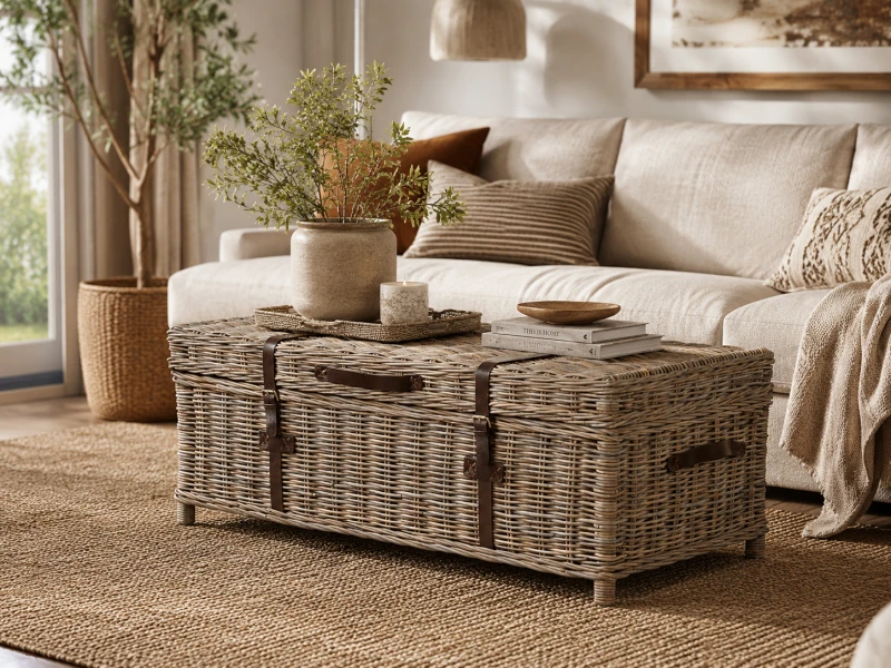 Stolik kawowy Rattan Taba 120 cm kufer skrzynia skórzane detale - nietypowy stolik kawowy