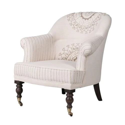 Fotel Embroidery Cream 75 cm wysokości bawełna drewno mango