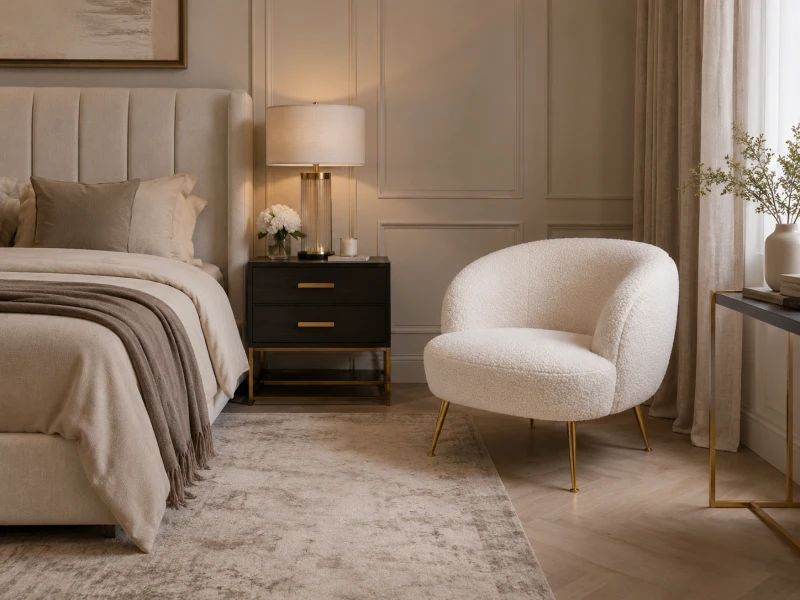 Fotel Pimlico Gold 74 cm biała tkanina boucle dekoracyjny fotel złote nóżki