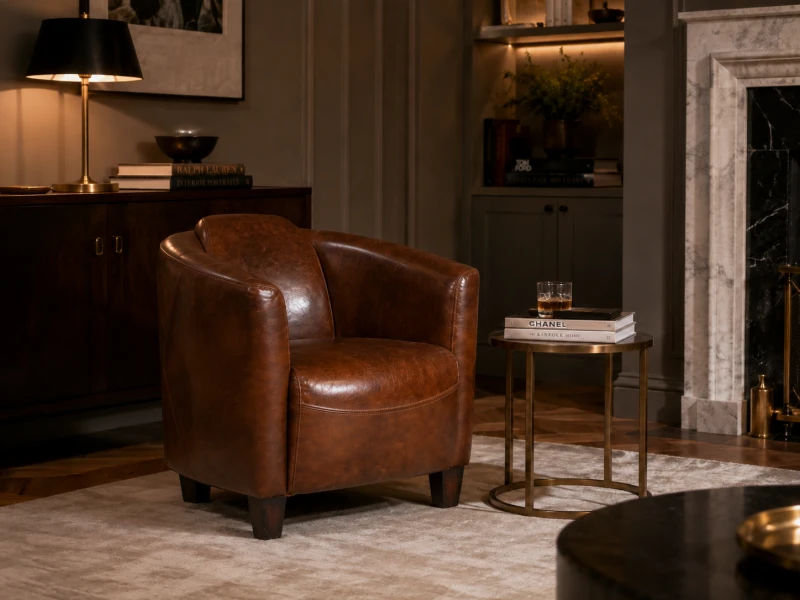 Fotel Belgrave Leather brązowa skóra oryginalny kształt drewno kauczukowe