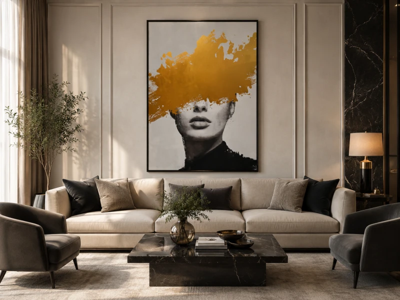 Obraz na płótnie Golden Lady 140x100 cm czarna rama złote detale