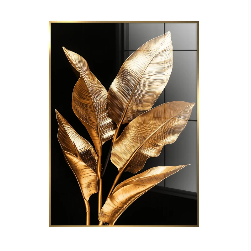 Obraz na szkle Gold Strelitzia 80x120 cm ze złotymi liśćmi