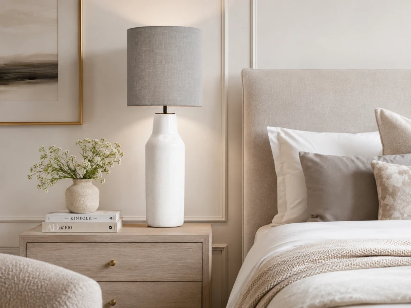 Biało-szara lampa stołowa z ceramiczną podstawą do salonu