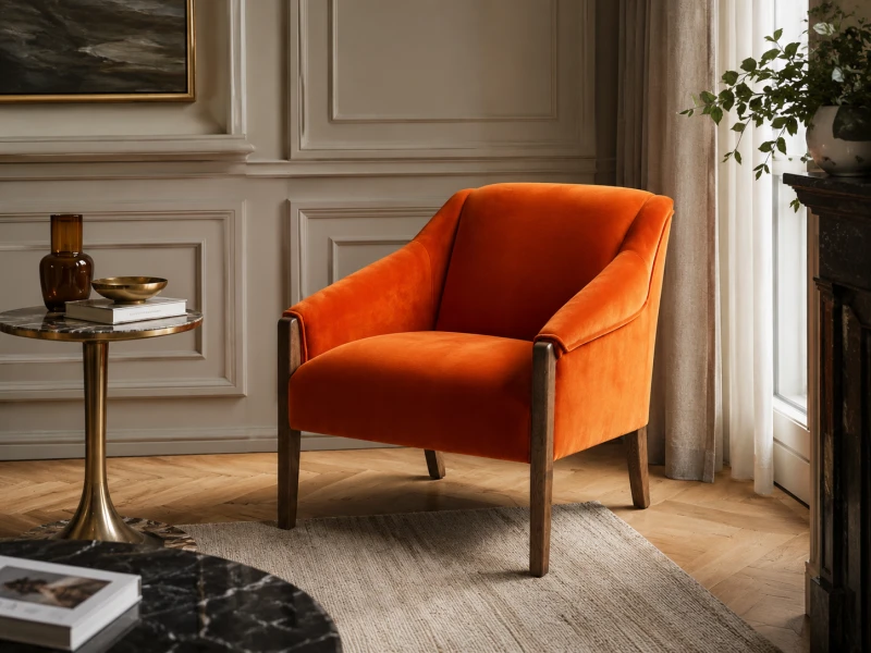 Pomarańczowy fotel do salonu z obiciem z bawełnianego velvetu