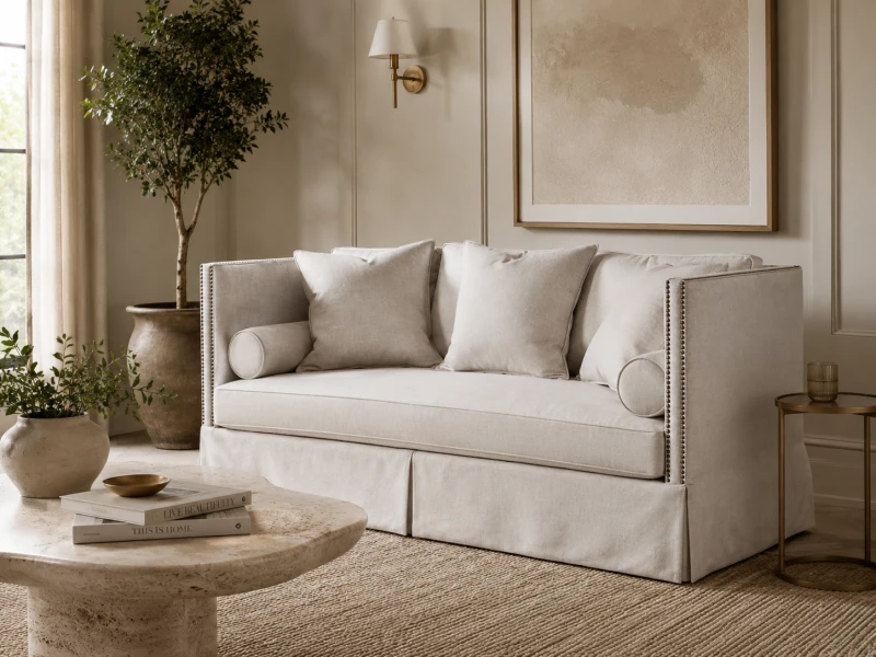 Jasna sofa Orpington lniana tapicerka 177 cm trzyosobowa kanapa jasna