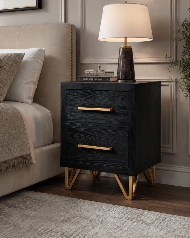 Black and gold two drawer bedside table
