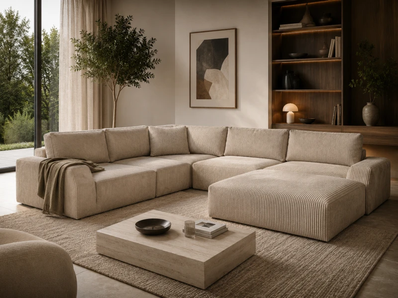 Beżowy narożnik sofa modułowa sztruks velvet pięć elementów