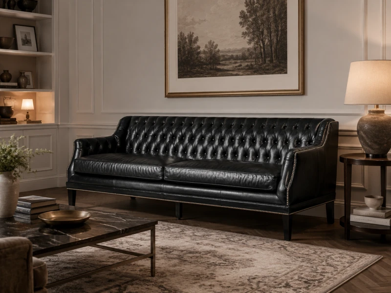 Czarna sofa skórzana Boscobel 215 cm czarna skóra srebrne naszycia