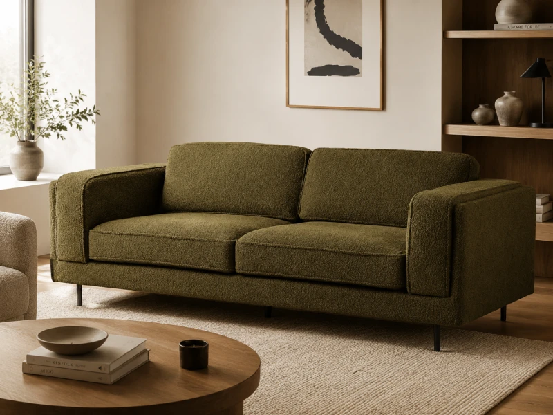 Zielona sofa boucle 3-osobowa 225 cm z tkaniną teddy i czarnymi nogami