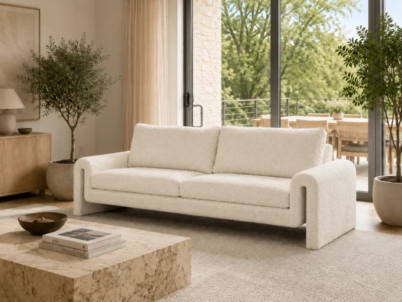 Biała sofa boucle Cloud 236 cm szerokości biała tkanina boucle dekoracyjna sofa designerski kształt