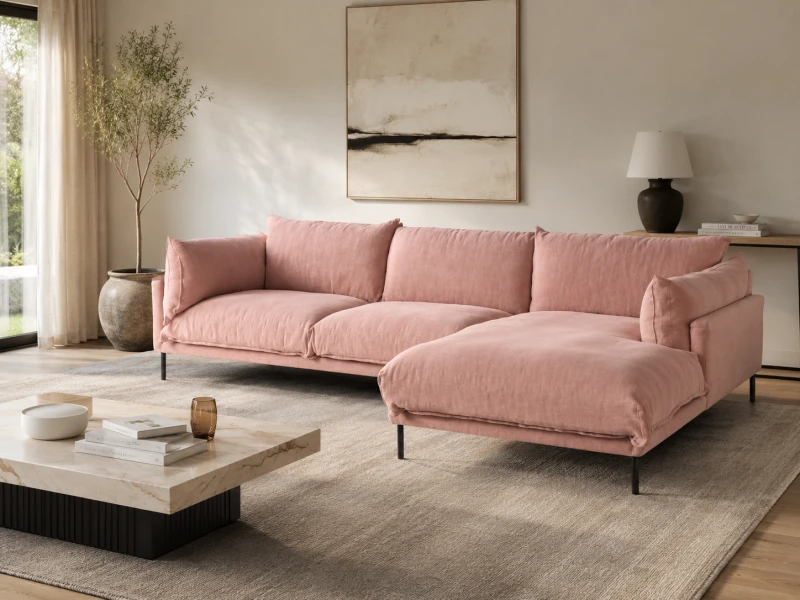 Różowa sofa Pink Linen 170x285 narożna sofa pokryta lnem czarne nóżki grube poduchy. Lniany narożnik do salonu.