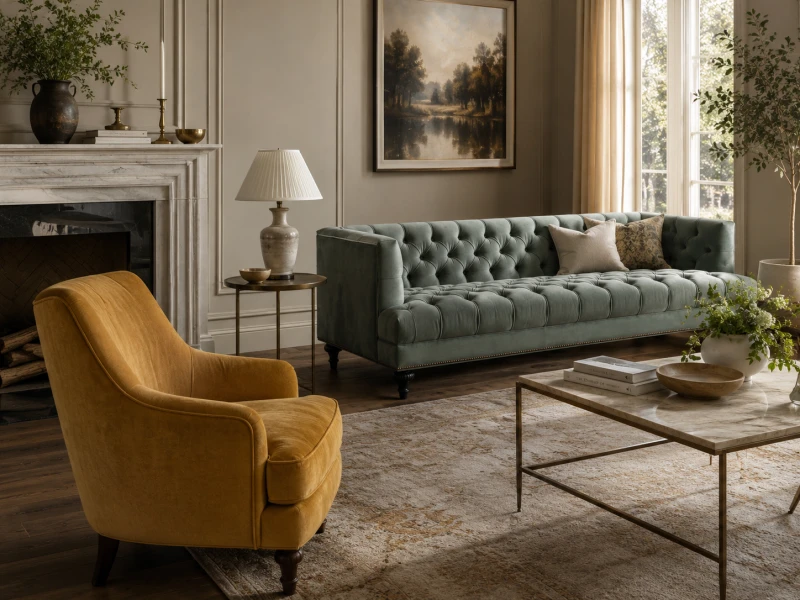 Zielona sofa Minor Green aksamit jasna zieleń trzyosobowa 210 cm szerokości
