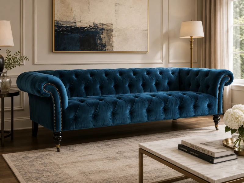 Niebieska sofa Luxury 225 cm w stylu Chesterfield