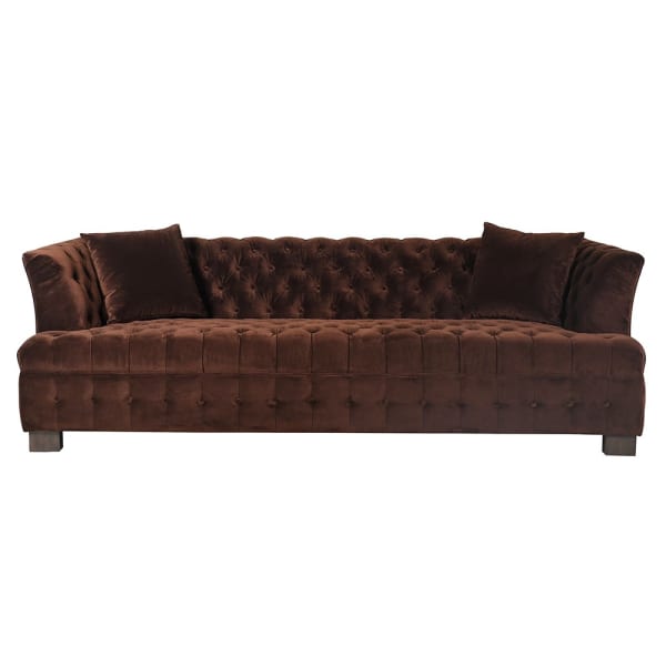 Czekoladowa sofa pikowana do eleganckiego salonu