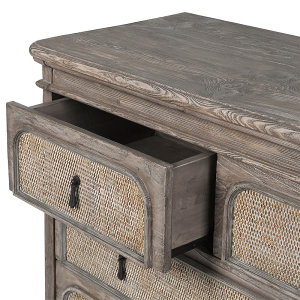 Komoda old pine z szufladami i plecionką rattanową