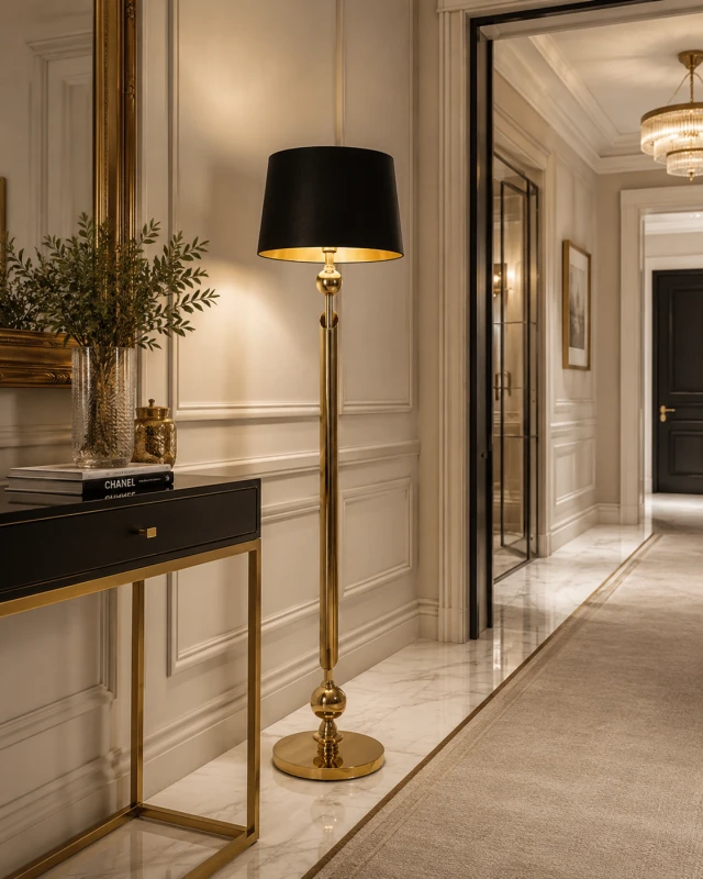 Lampa podłogowa Chesham Gold ze złotą podstawą i czarnym abażurem