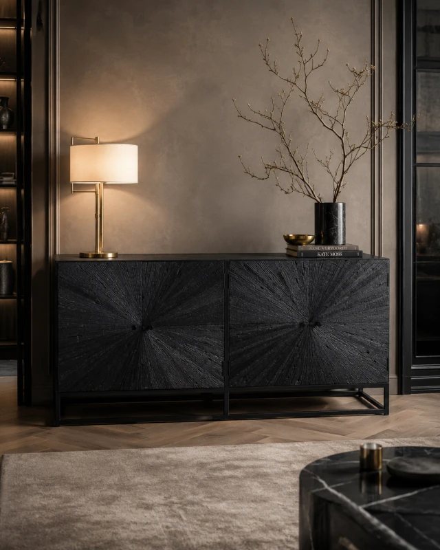 Czarna komoda kredens bufet Black Acacia 190 cm czterodrzwiowa komoda drewniana