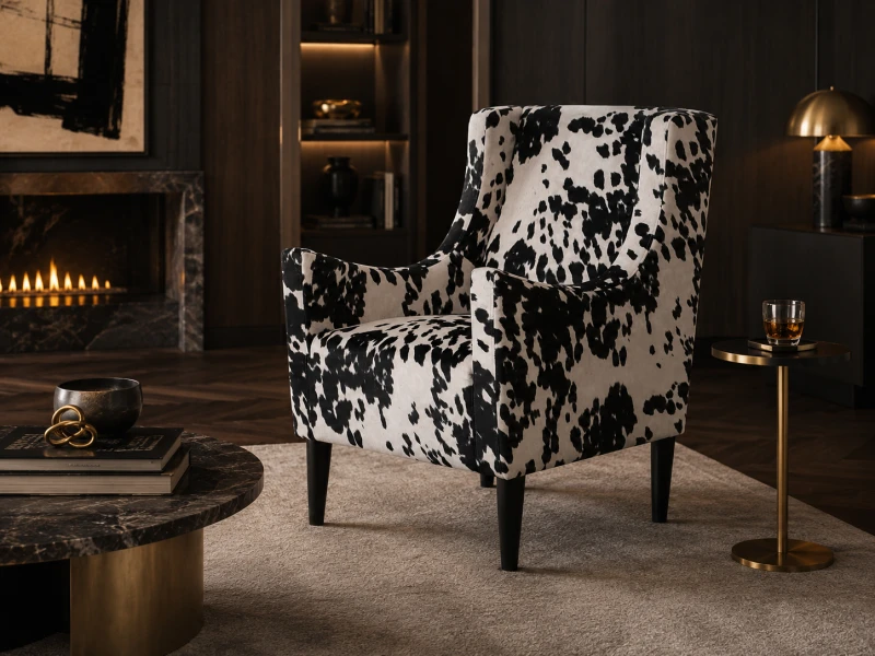 Designerski Fotel Cow 98 cm biel i czerń imitacja skóry z włosiem