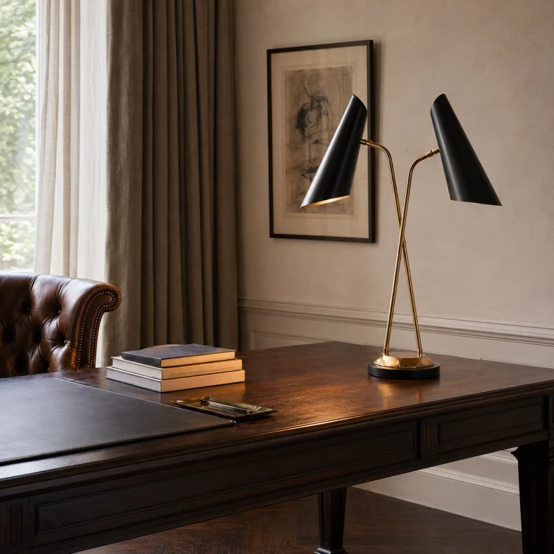 Lampa biurkowa Halycon Black 80 cm z dwoma czarnymi kloszami