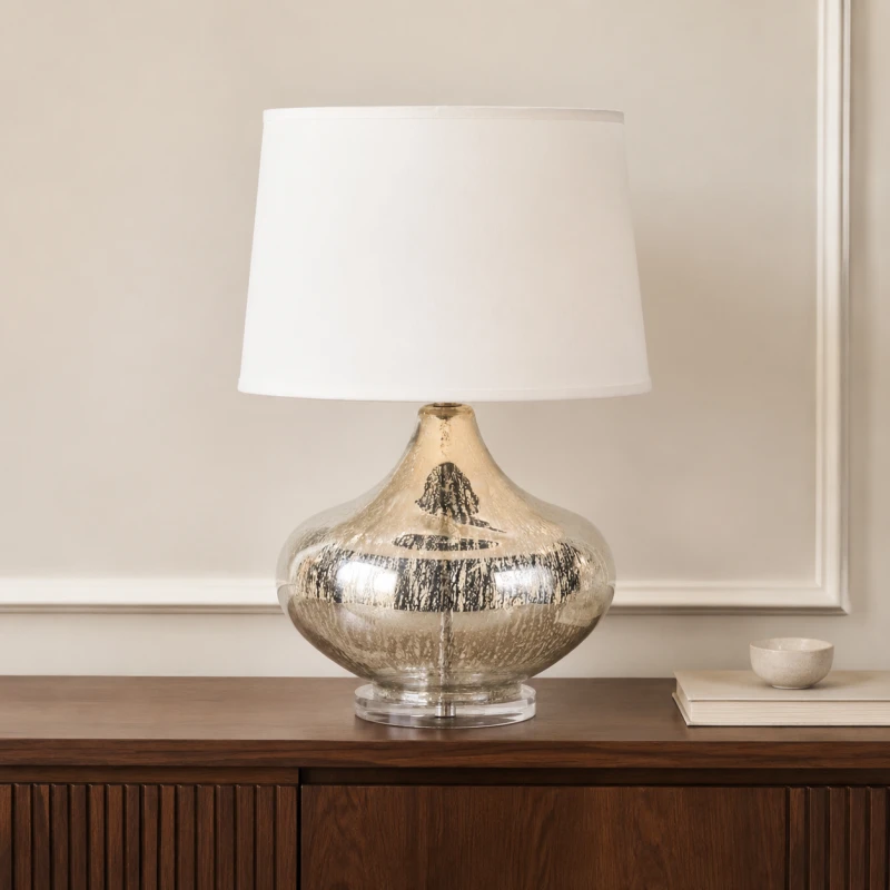 Duża szklana lampa stołowa 60 cm z białym abażurem
