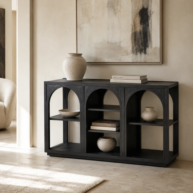 Czarna konsola Arched Black 148 cm z arkadowymi wnękami i półkami