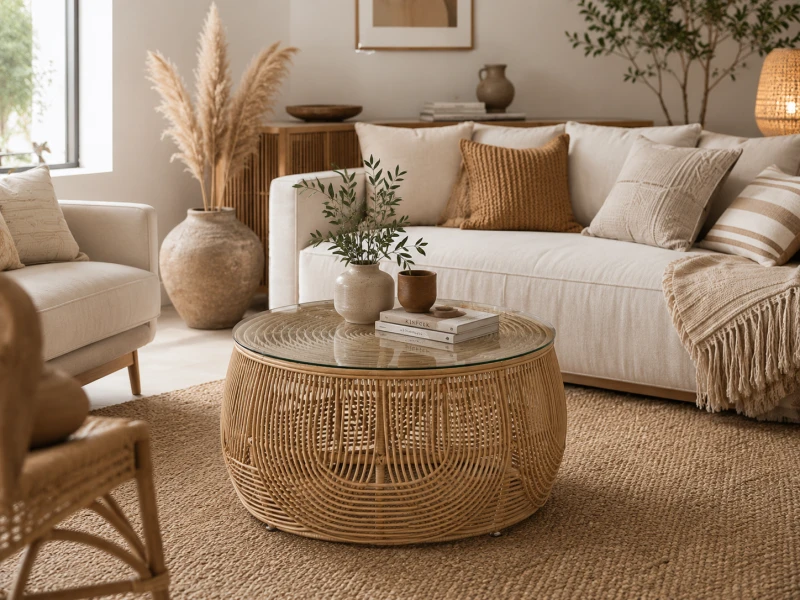 Naturalny stolik kawowy boho z ażurową rattanową podstawą