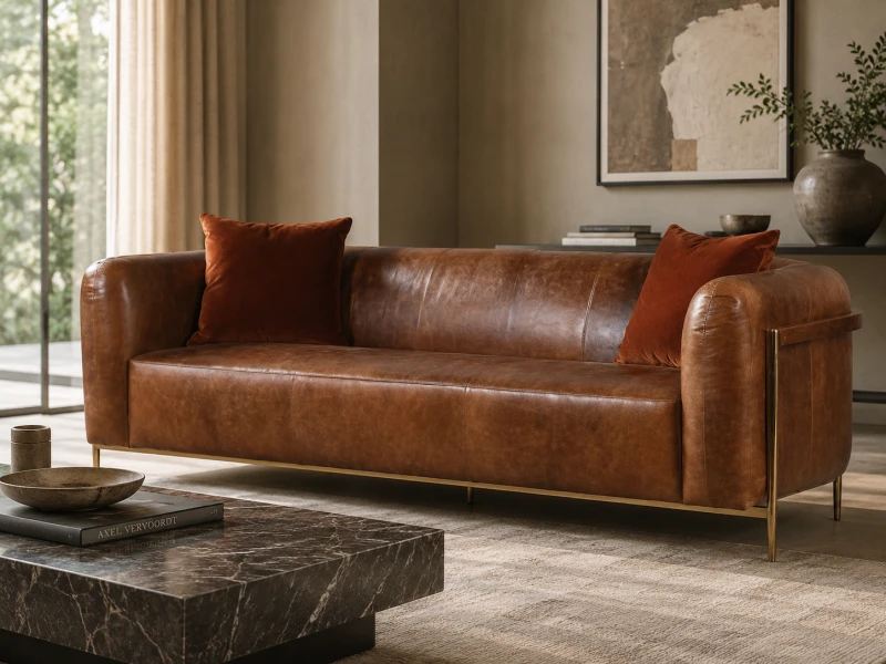 Elegancka sofa skórzana 240 cm z metalową podstawą