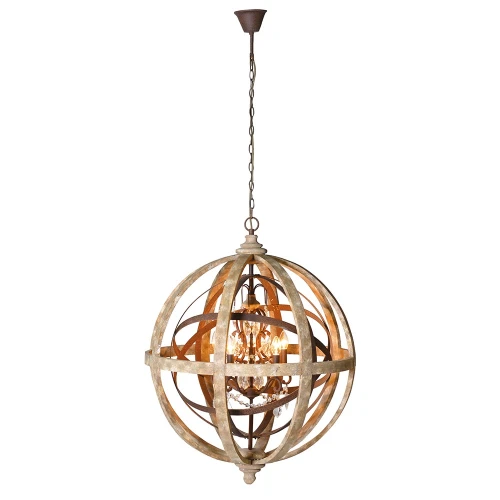 Żyrandol Metal Globe 90 cm – kulisty żyrandol z żelaza, drewna eukaliptusowego i kryształowych zawieszek
