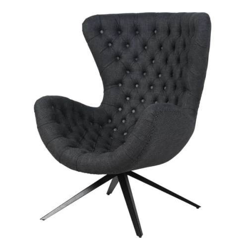 Fotel Boscobel Black and White 110 cm – tapicerowany fotel uszak z pikowaniem i czarną metalową podstawą