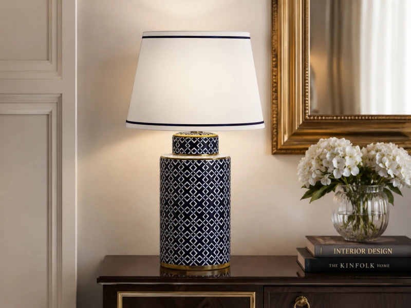 Lampa stołowa Belgrave Blue z porcelanową podstawą i białym abażurem